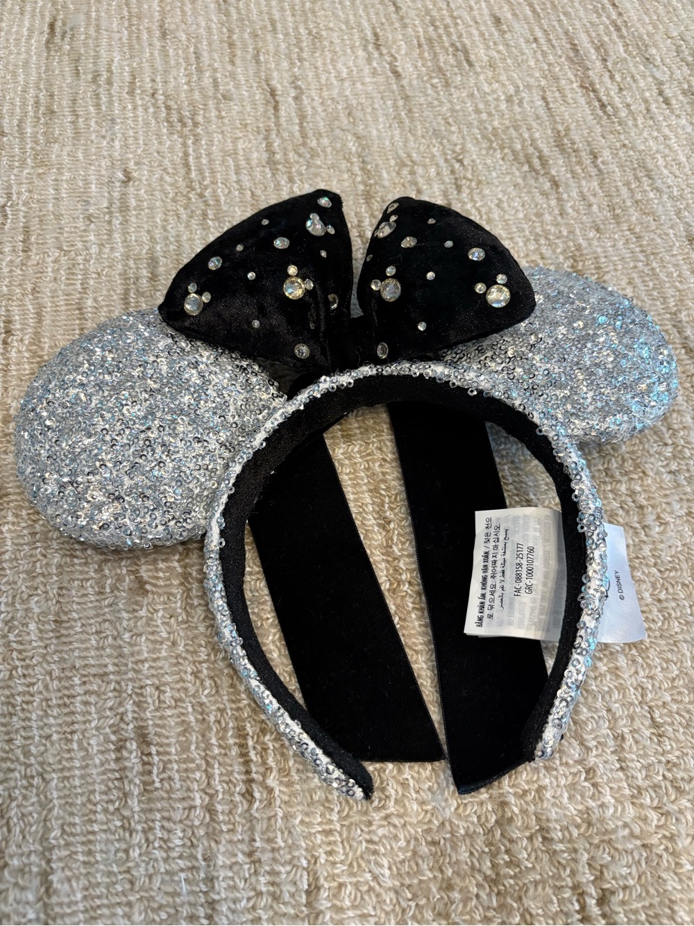 Disney Silver Sequin Minnie Ears Headband with Black Jeweled Bow